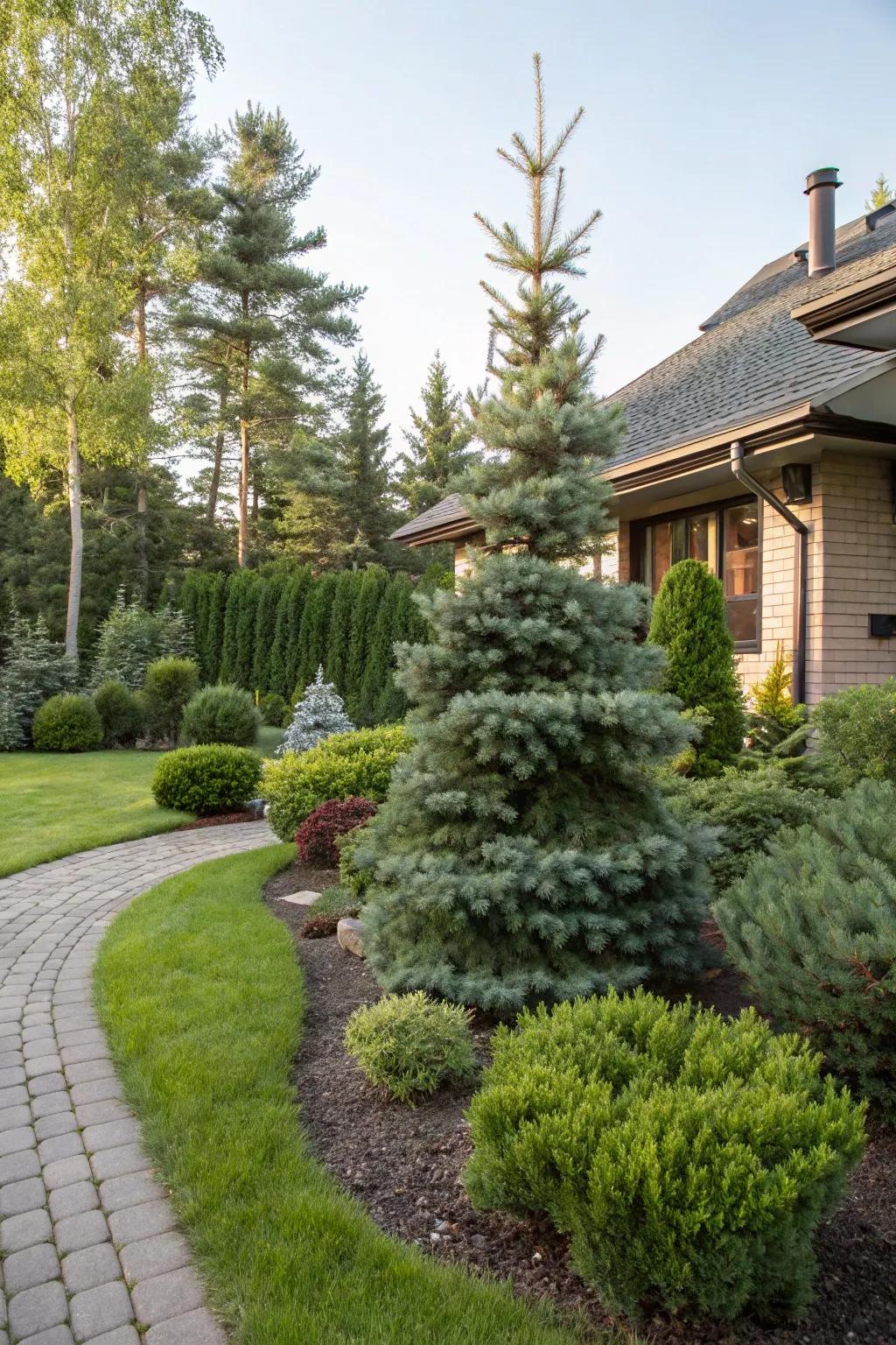 A dwarf spruce distinguishes itself as a focal point in this landscape.