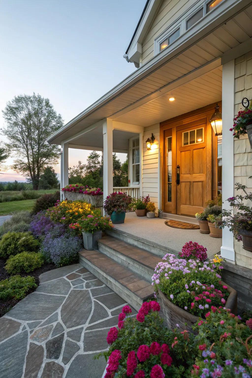 Merge your porch with flowering beds for a unified look.
