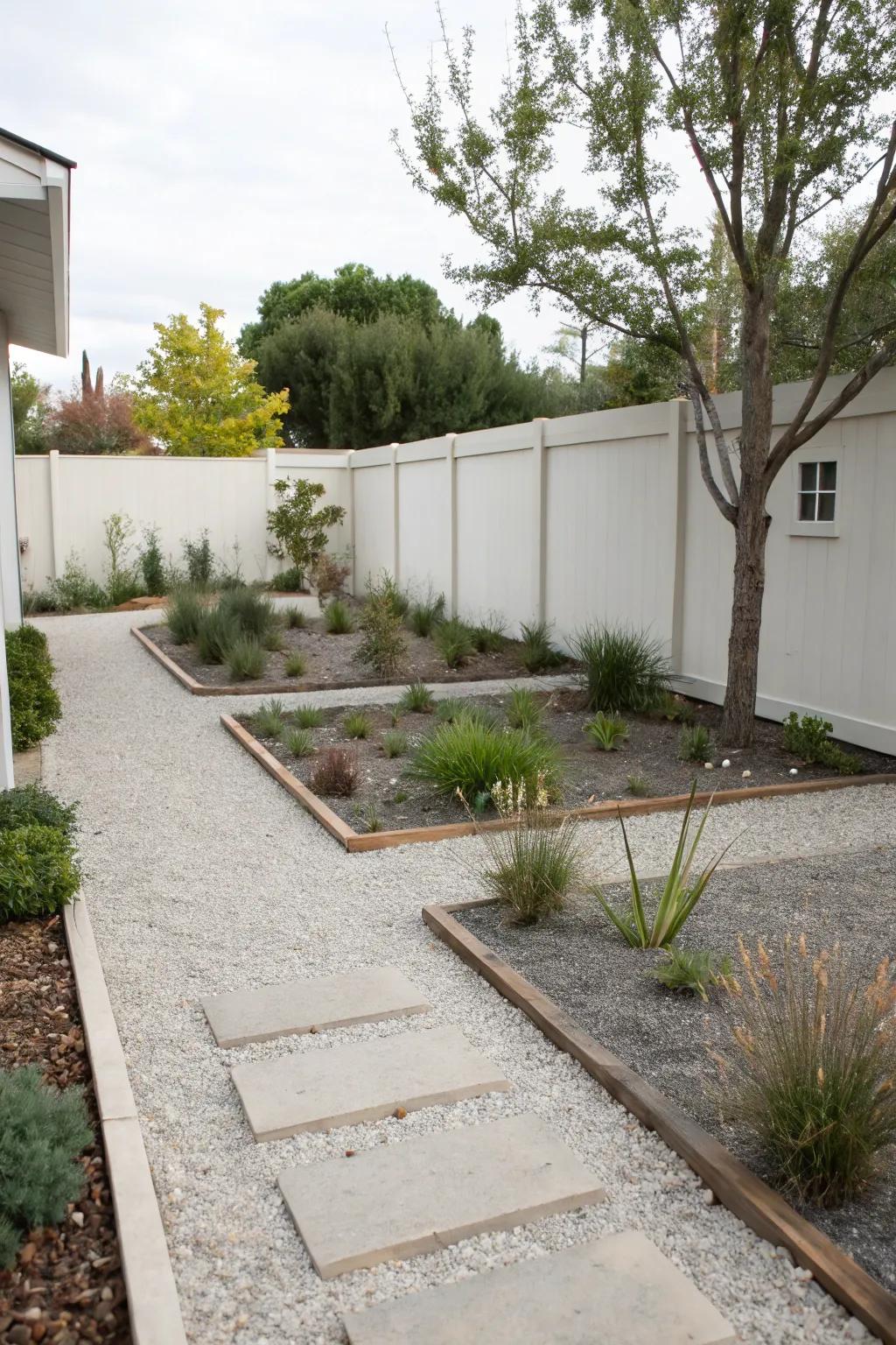 A simple front yard featuring sleek gravel paths and sparse greenery.