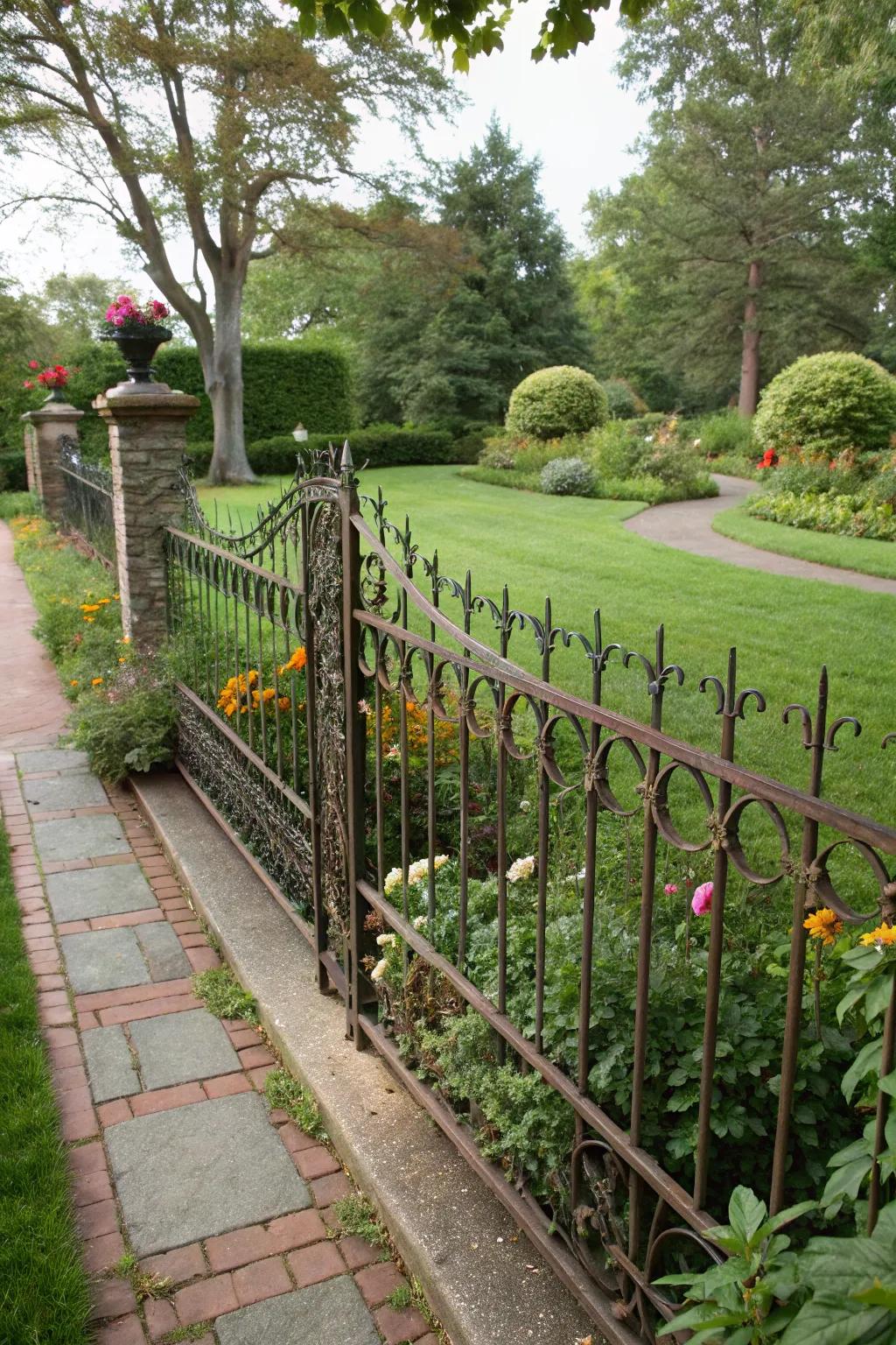A low decorative metal barrier subtly enhancing a front garden.