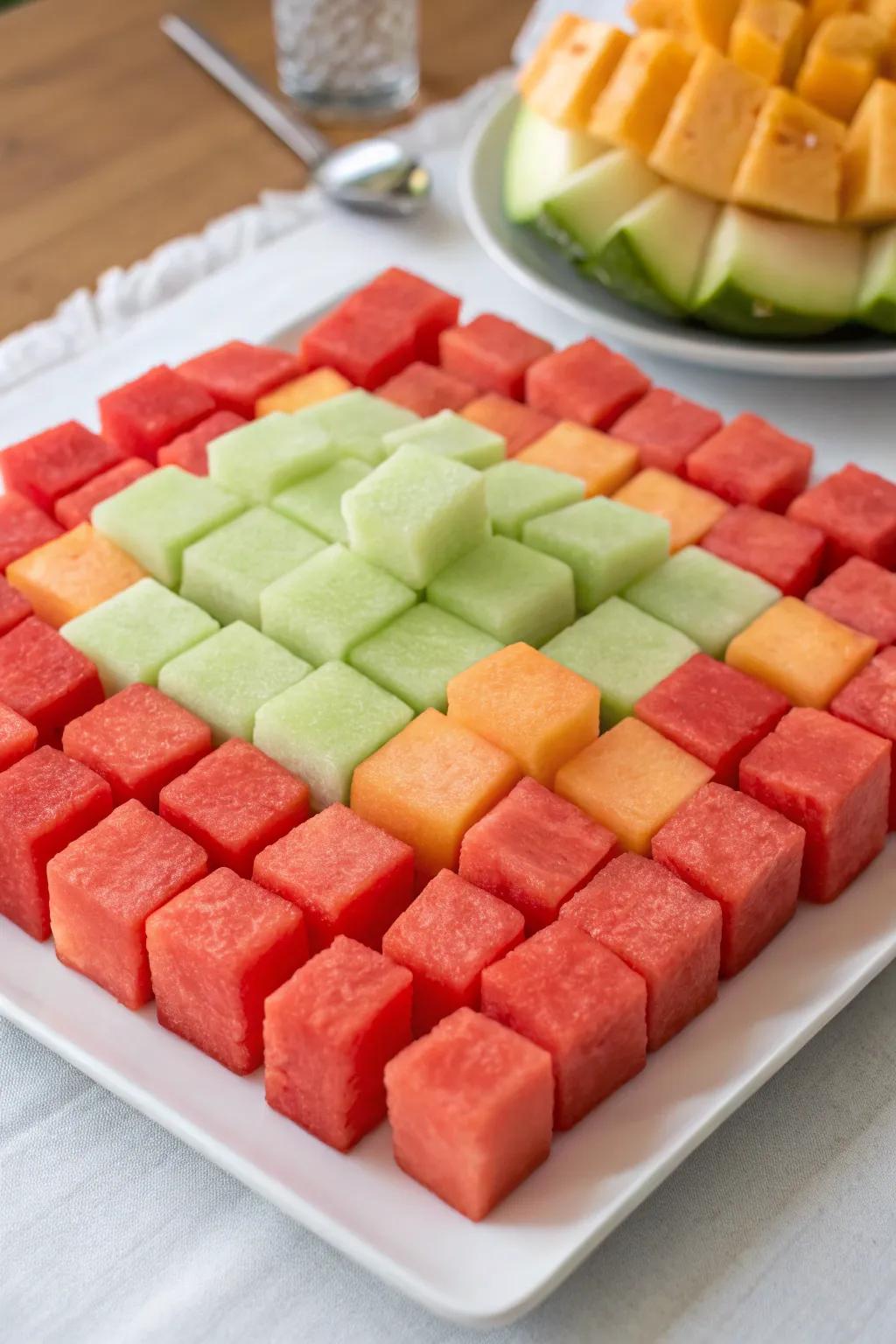 A contemporary symmetrical fruit composition for a modern table setting.