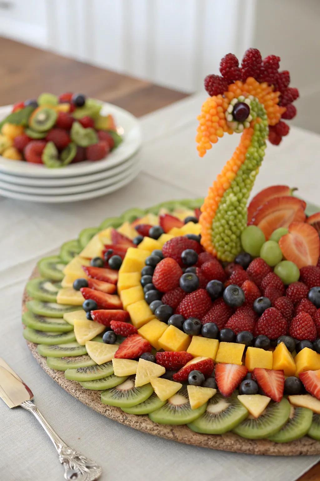 A peacock-inspired fruit design is sure to make an impression.