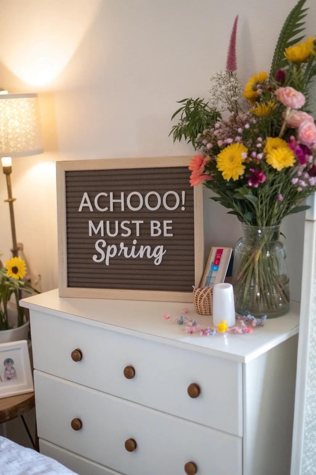 Laugh off springtime allergies with a cheeky letter board quote.