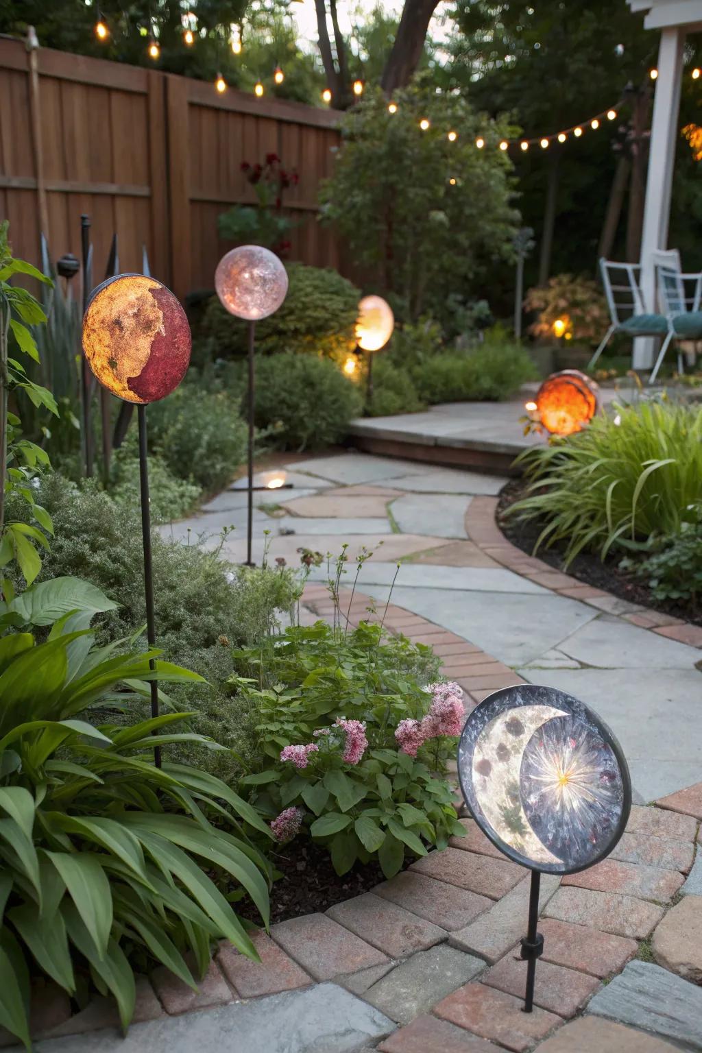 Moon phase glass stakes giving a hint of wonder to the nocturnal garden.