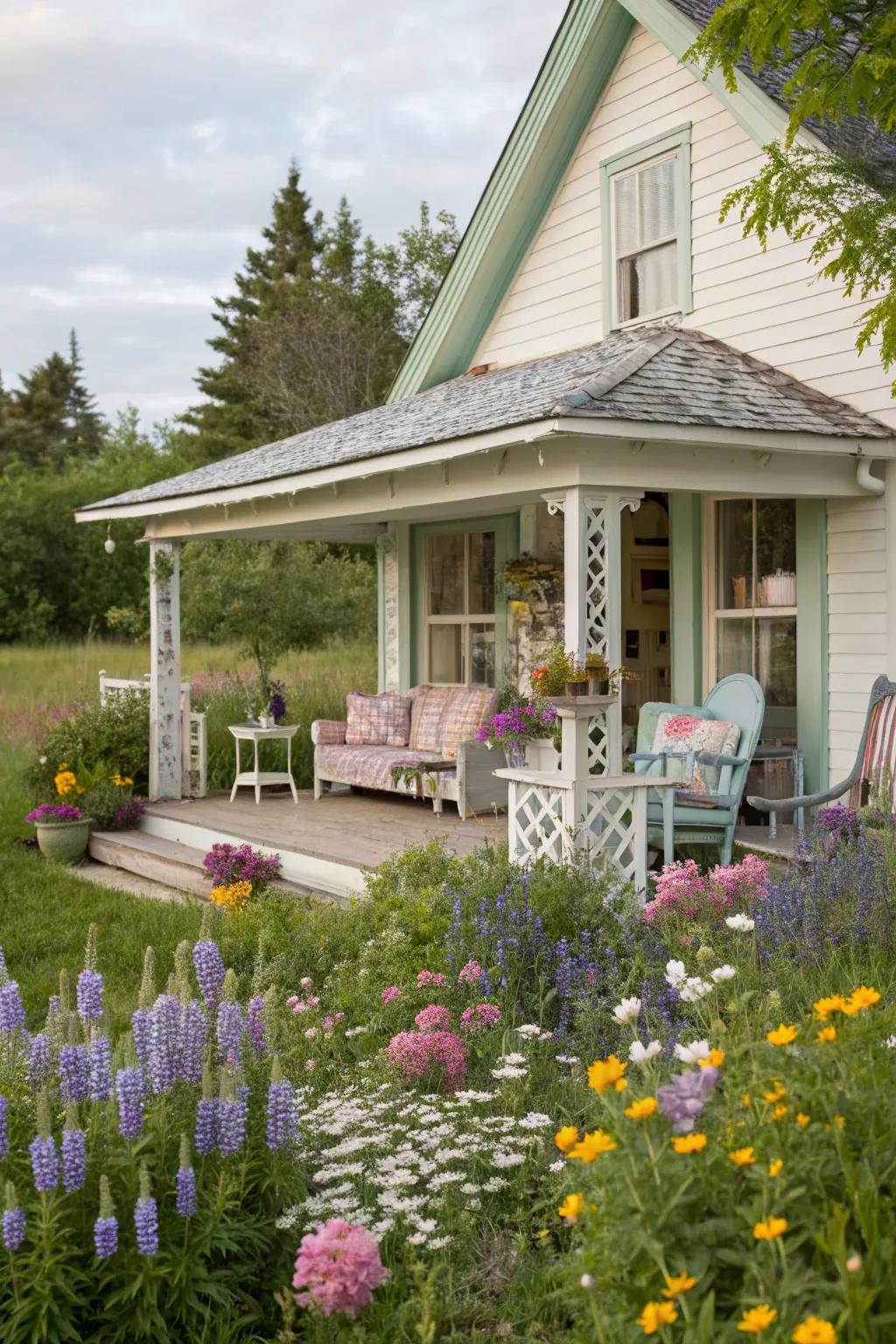 A cottage-style porch offering a serene and charming retreat.