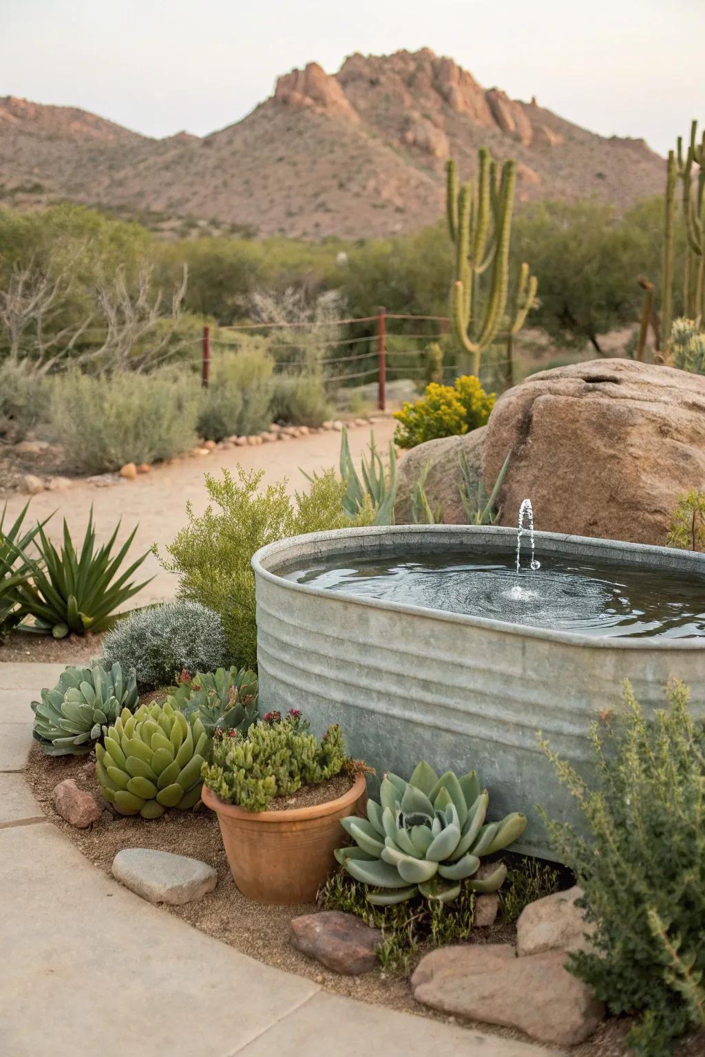 A metallic basin fountain harmoniously integrated with nature.