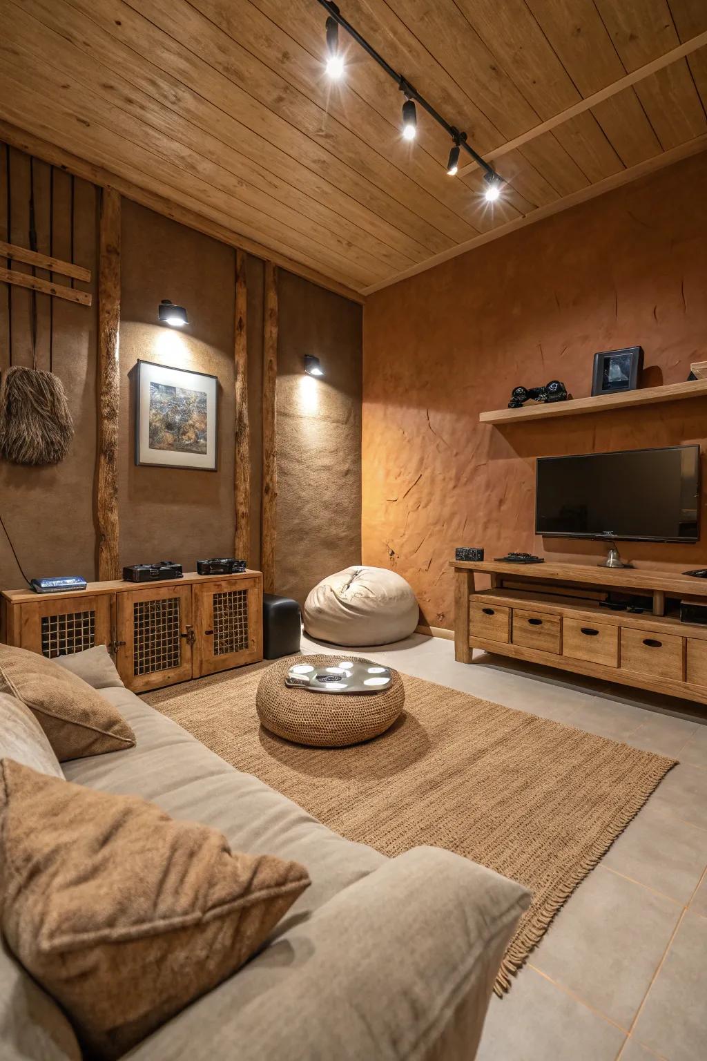 Earthy tones make your gaming room feel warm and inviting.