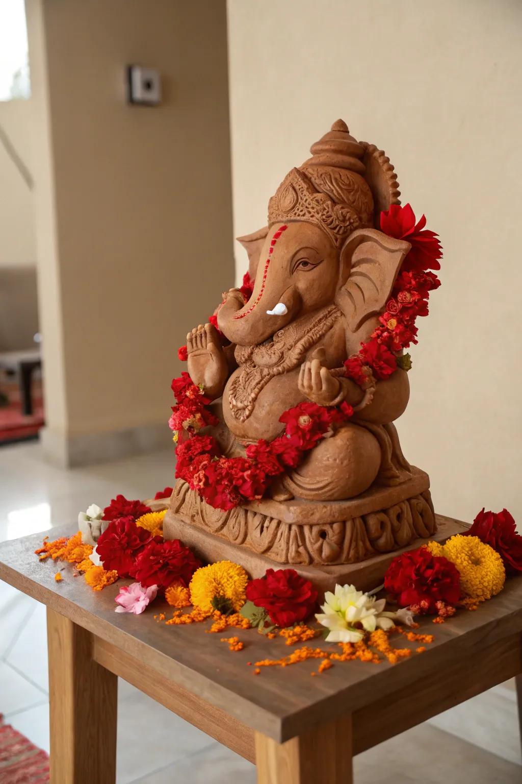 A beautifully fashioned clay Ganesha idol, bringing a customized touch to the celebrations.