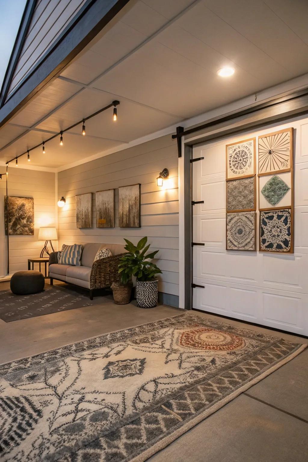 Decorative touches add warmth and personality to the garage.
