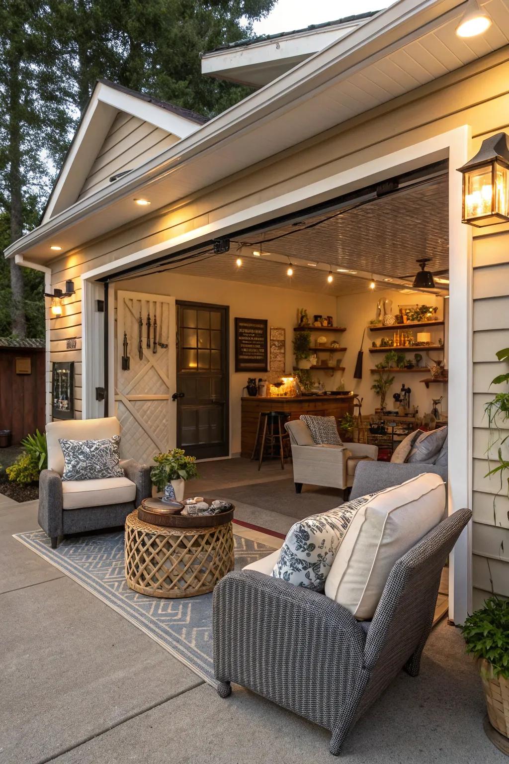 Redesign your garage with a snug lounge area for relaxation.
