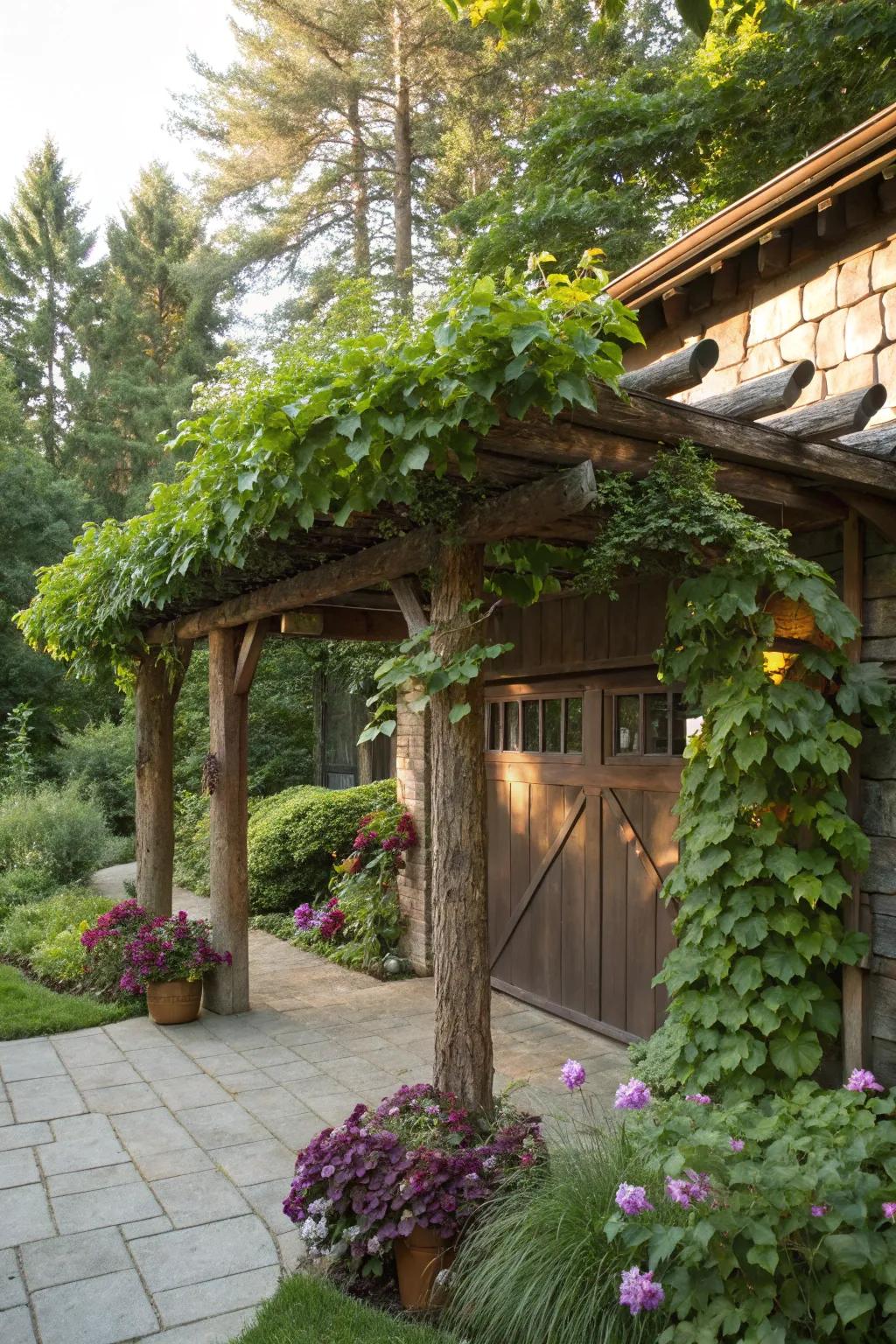 Rustic log shelter enhanced by climbing vines.