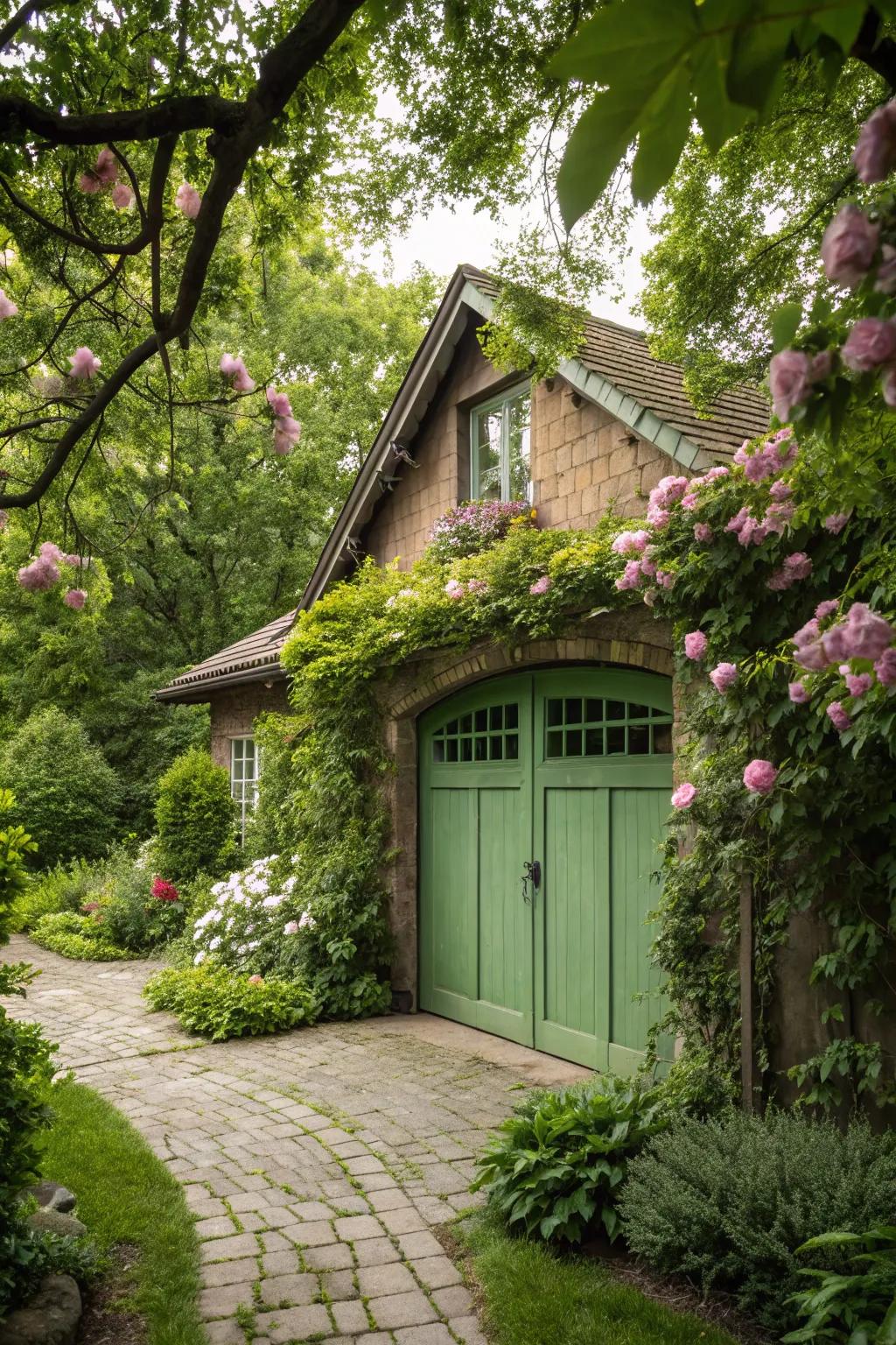 Natural verdant garage doors offer a harmonious connection with nature.