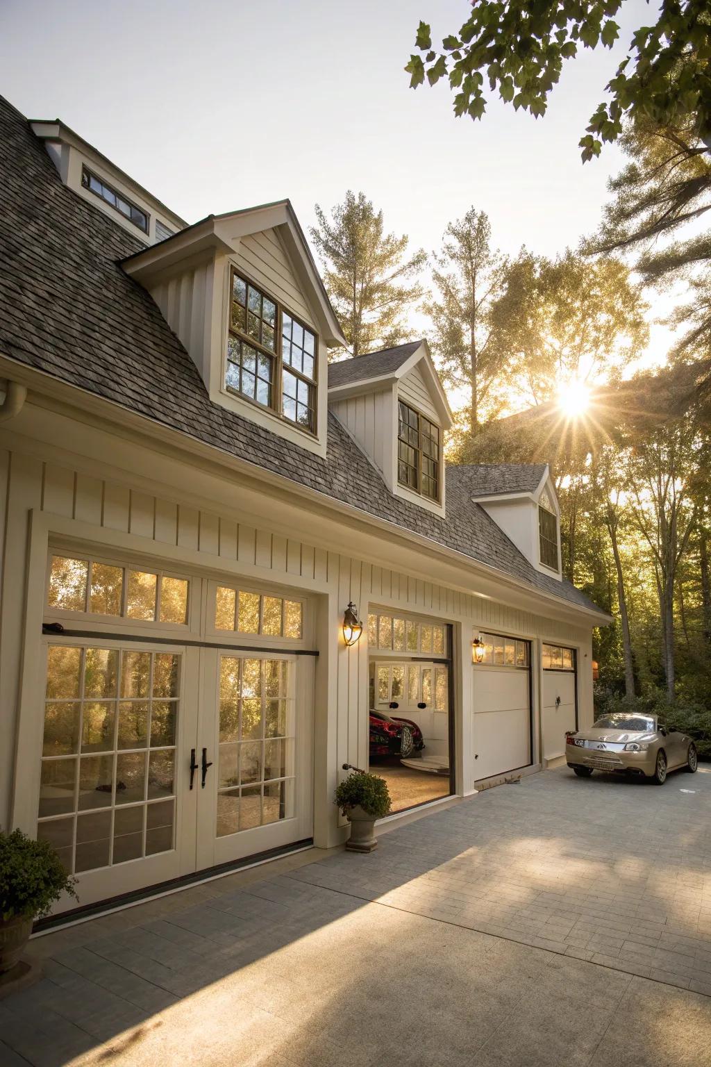 Dormers featuring windows boost natural illumination, creating a brighter area.