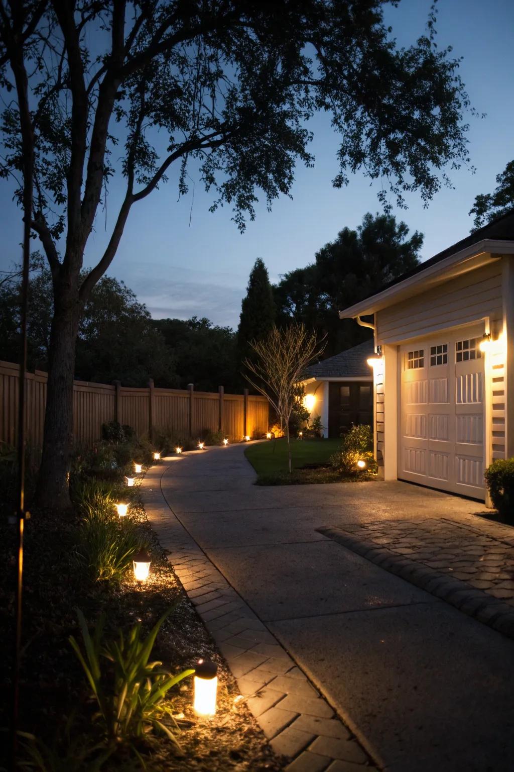 Driveway illumination that enhances nighttime visual appeal.