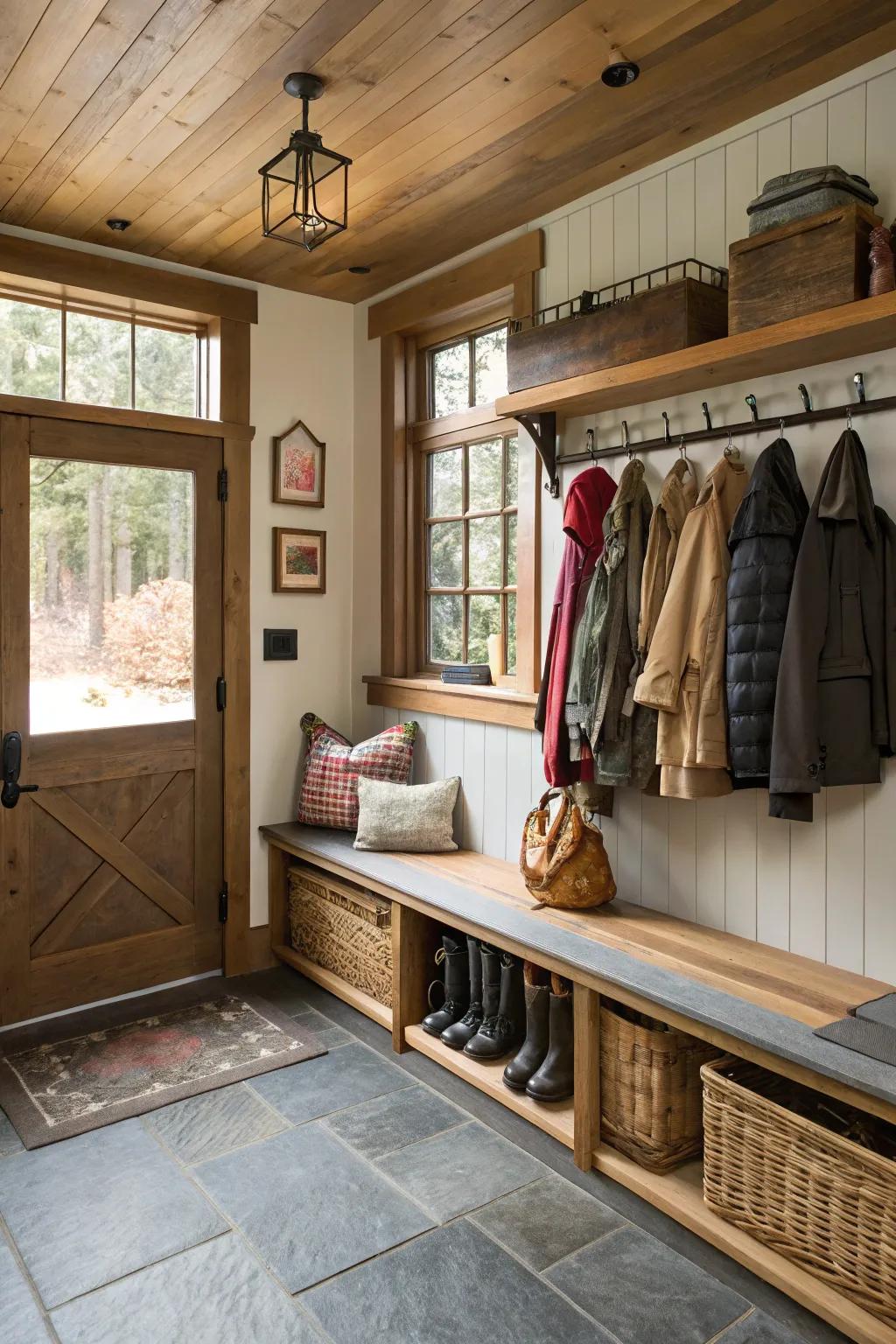 A convenient mudroom setup integrated within a garage area.