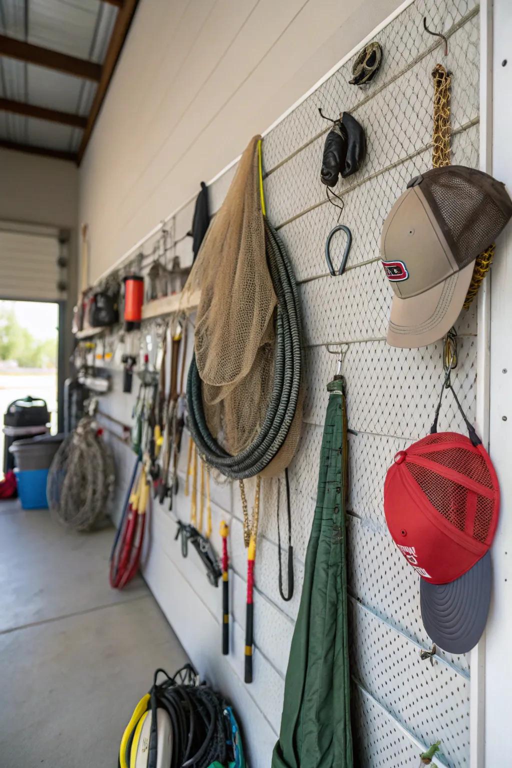 Hangers and fasteners offer flexible storage options for suspending fishing gear efficiently.