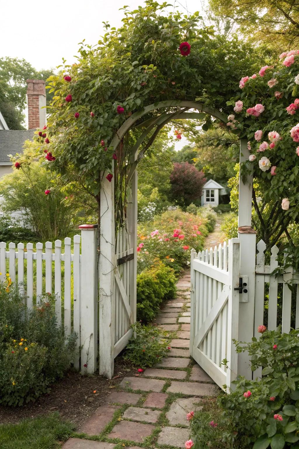 Classic white picket enclosure door for a nostalgic garden ambiance.