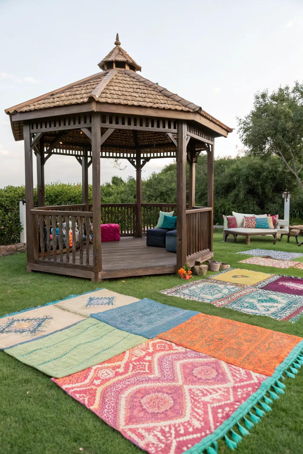 Outdoor textiles introduce color and comfort without permanent modifications.