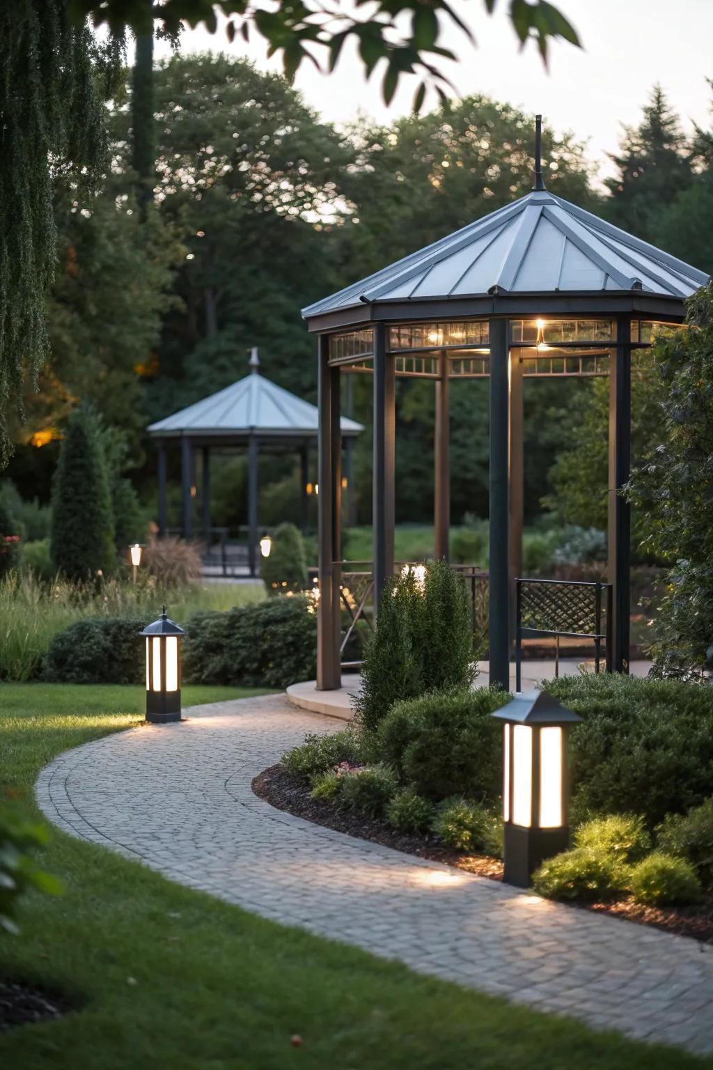 Modern minimalist illumination granting the gazebo a streamlined look.