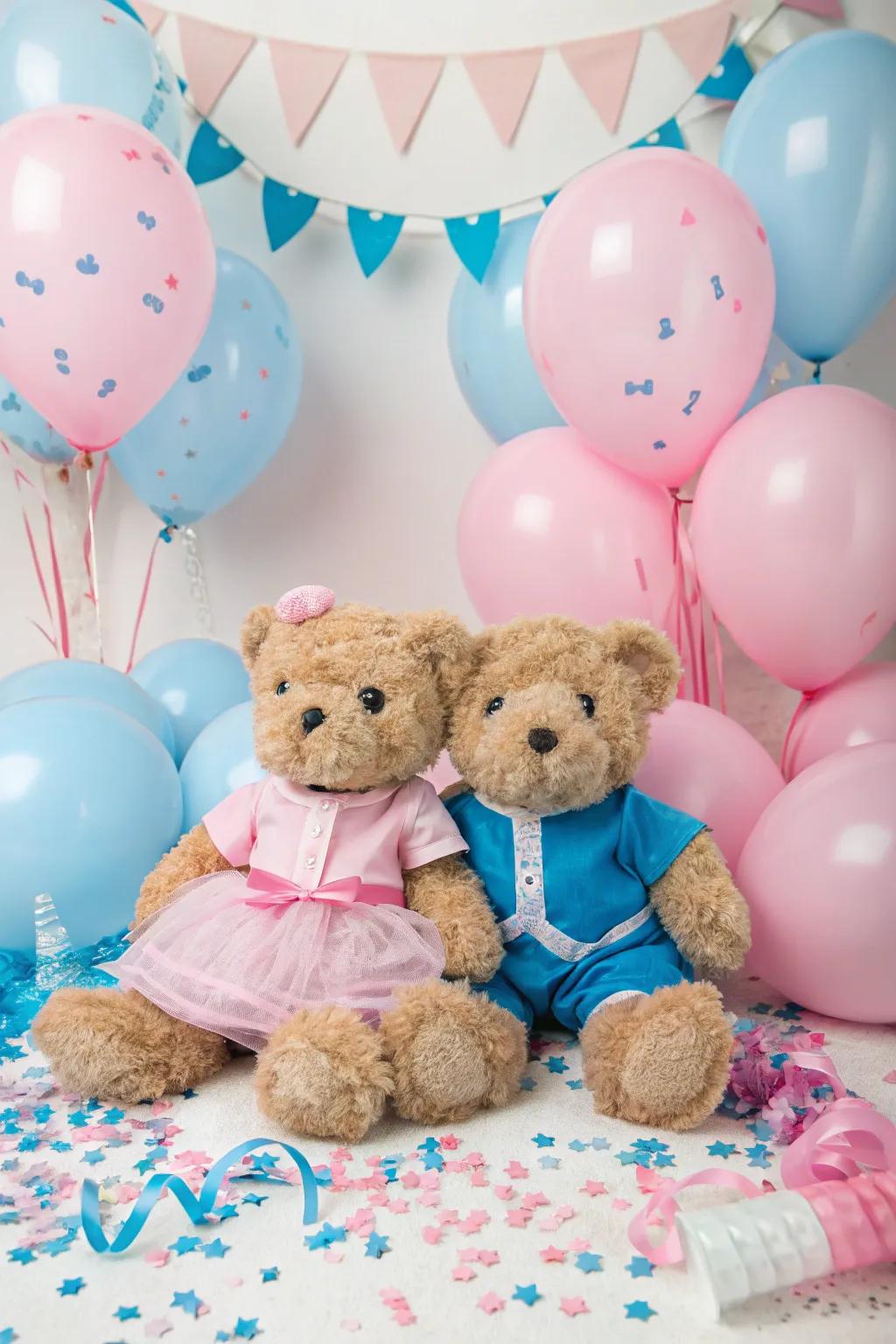 Plush toys add a delightful and whimsical touch to the gender reveal decor.