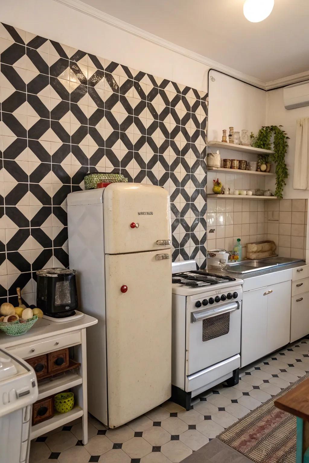 A kitchen featuring a playful monochrome checkerboard geometric wall.