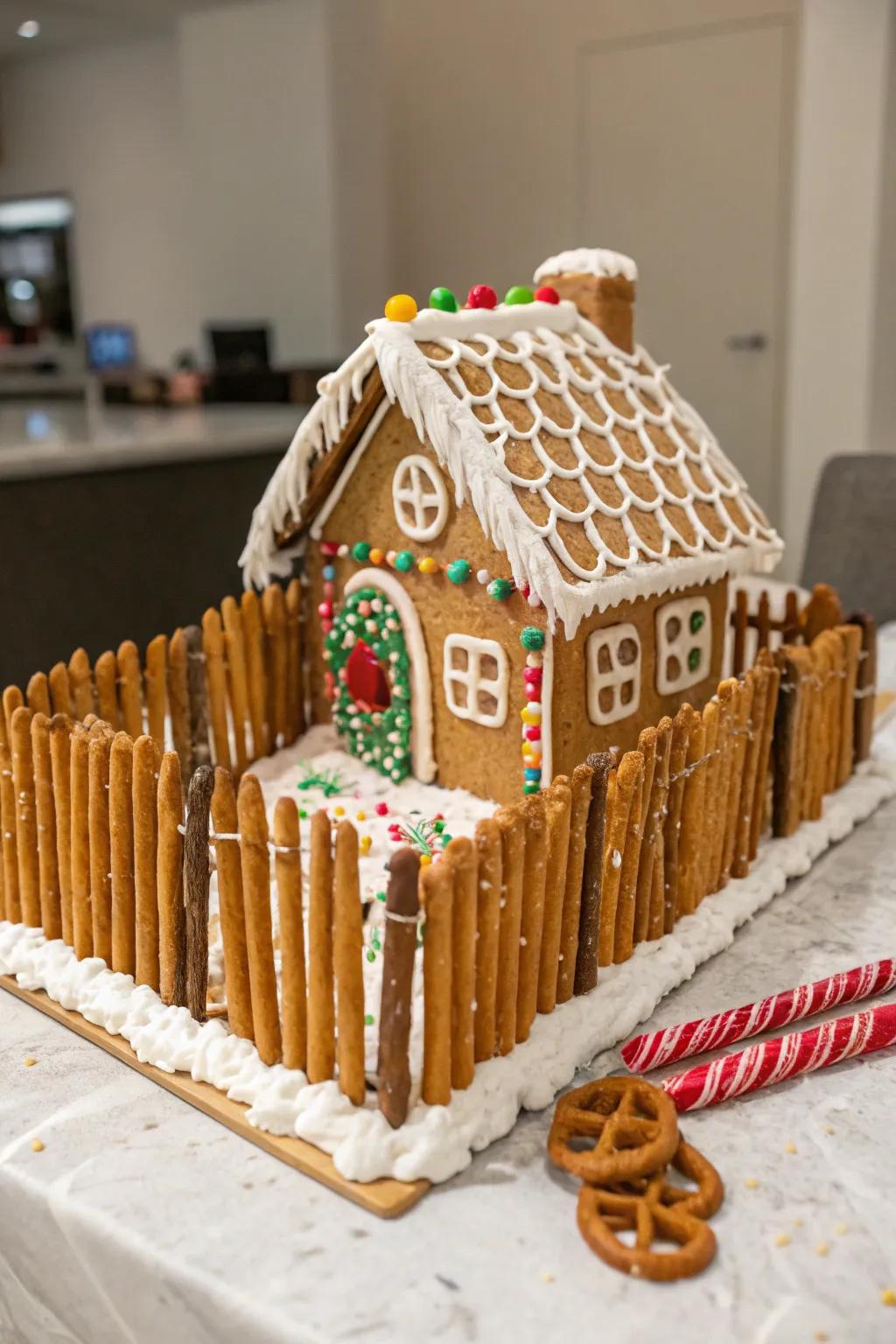 A gingerbread cabin featuring a charming pretzel rod barrier.