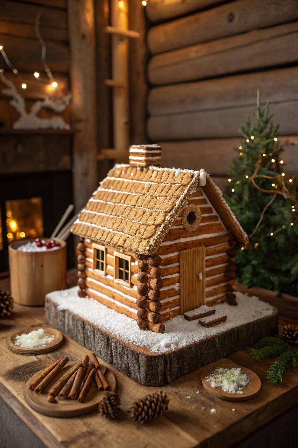 A gingerbread house featuring a twisted stick timber house rooftop.