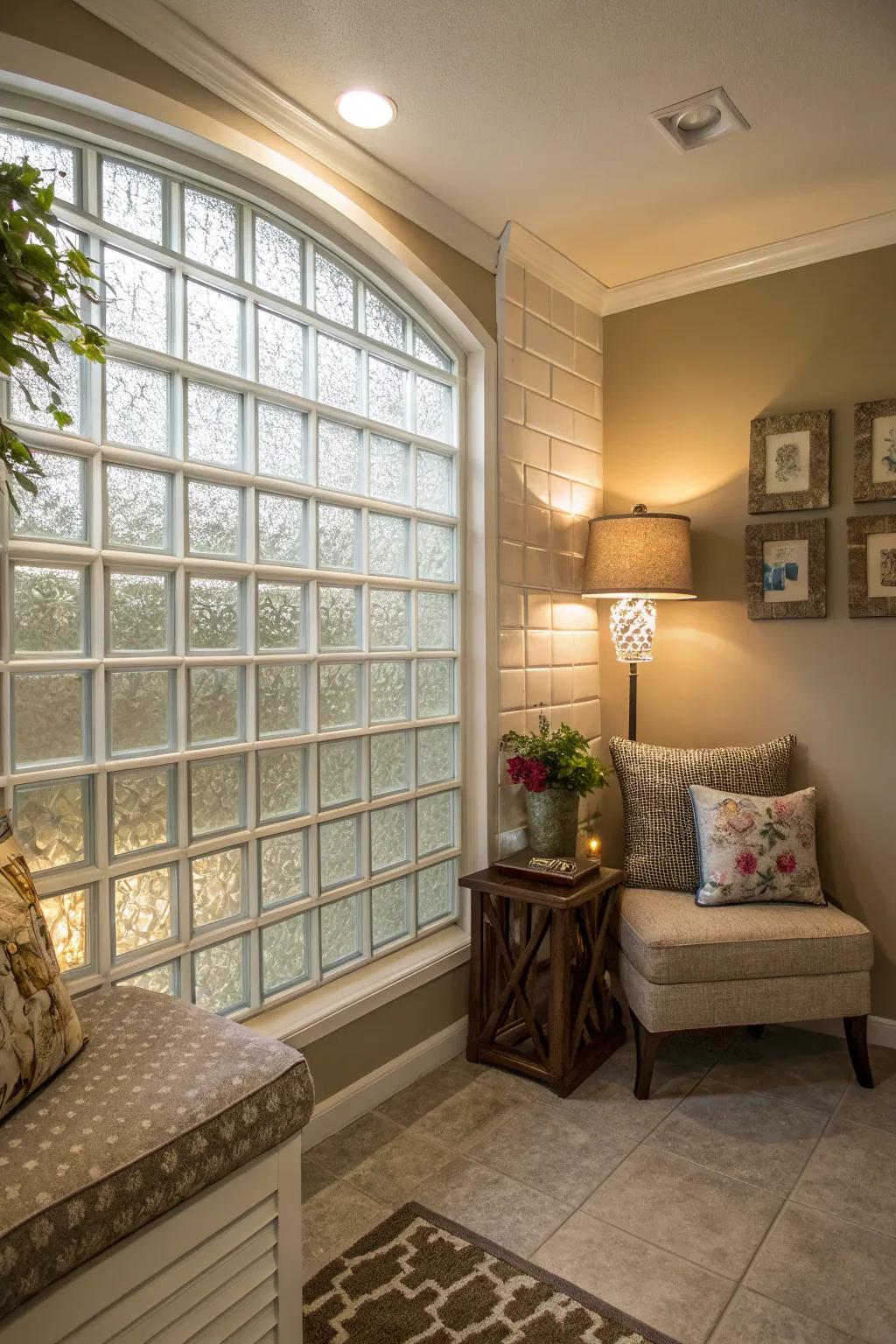 A cozy corner with a crystal cube wall that offers privacy and a comfortable, light-filled feel.