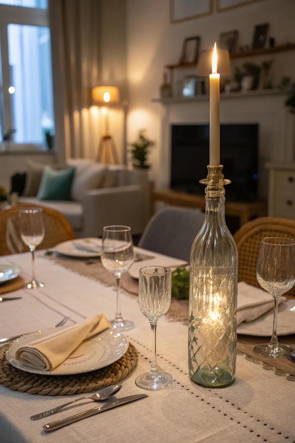 A glass bottle transformed into an enchanting candle holder.