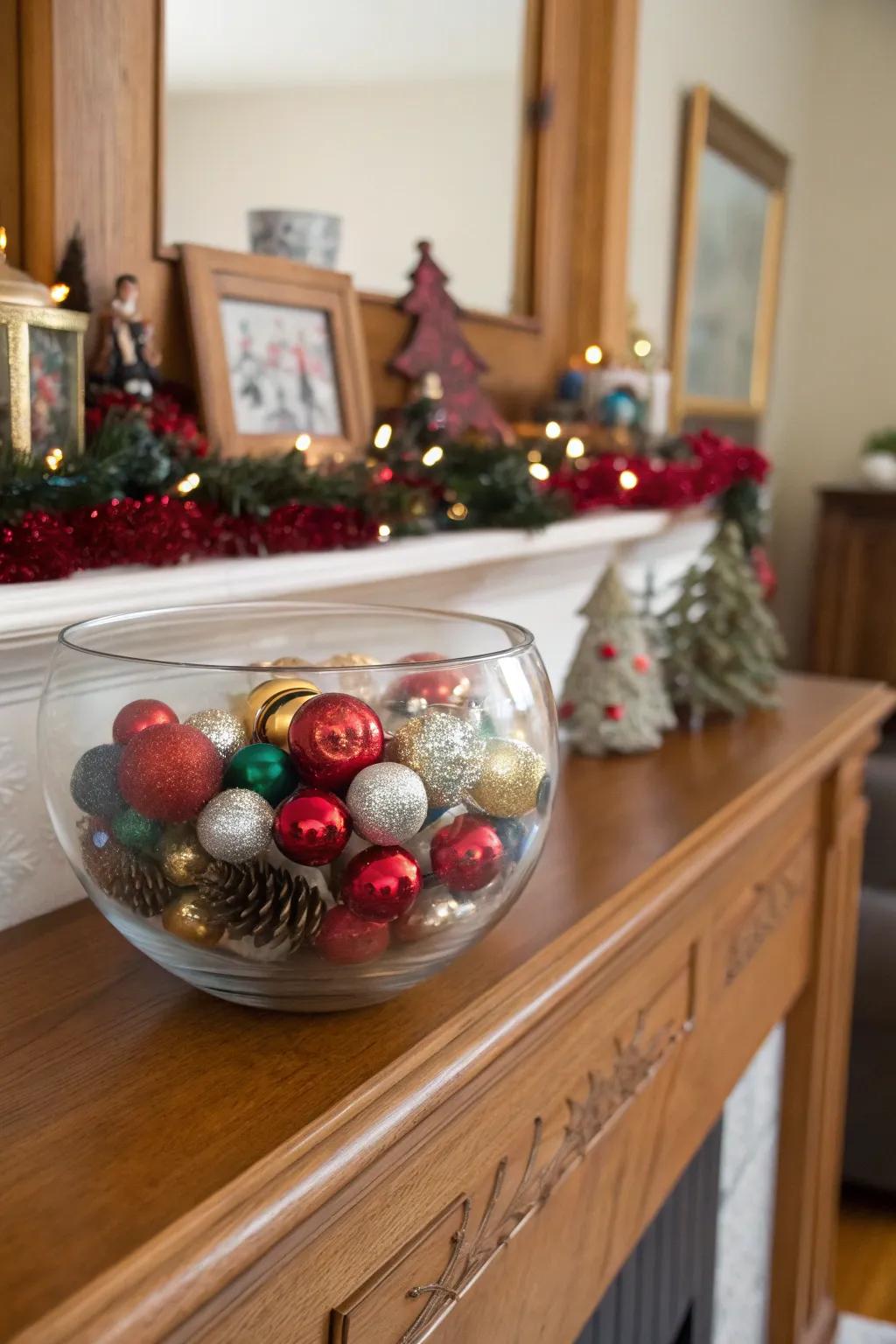 Seasonal decorations in a glass bowl add joyful charm.