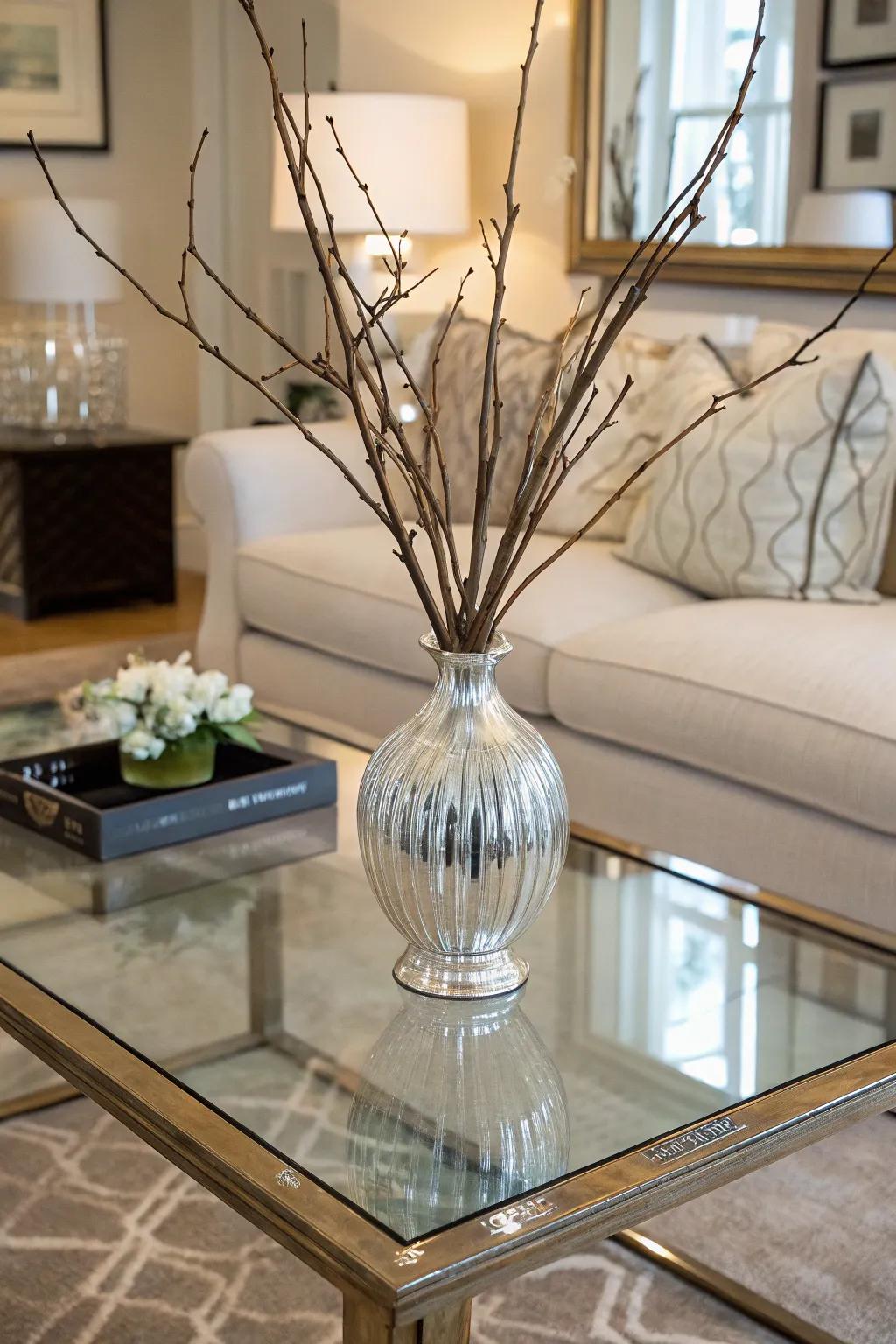 A flower holder incorporates both practicality and panache to a see-through coffee table.