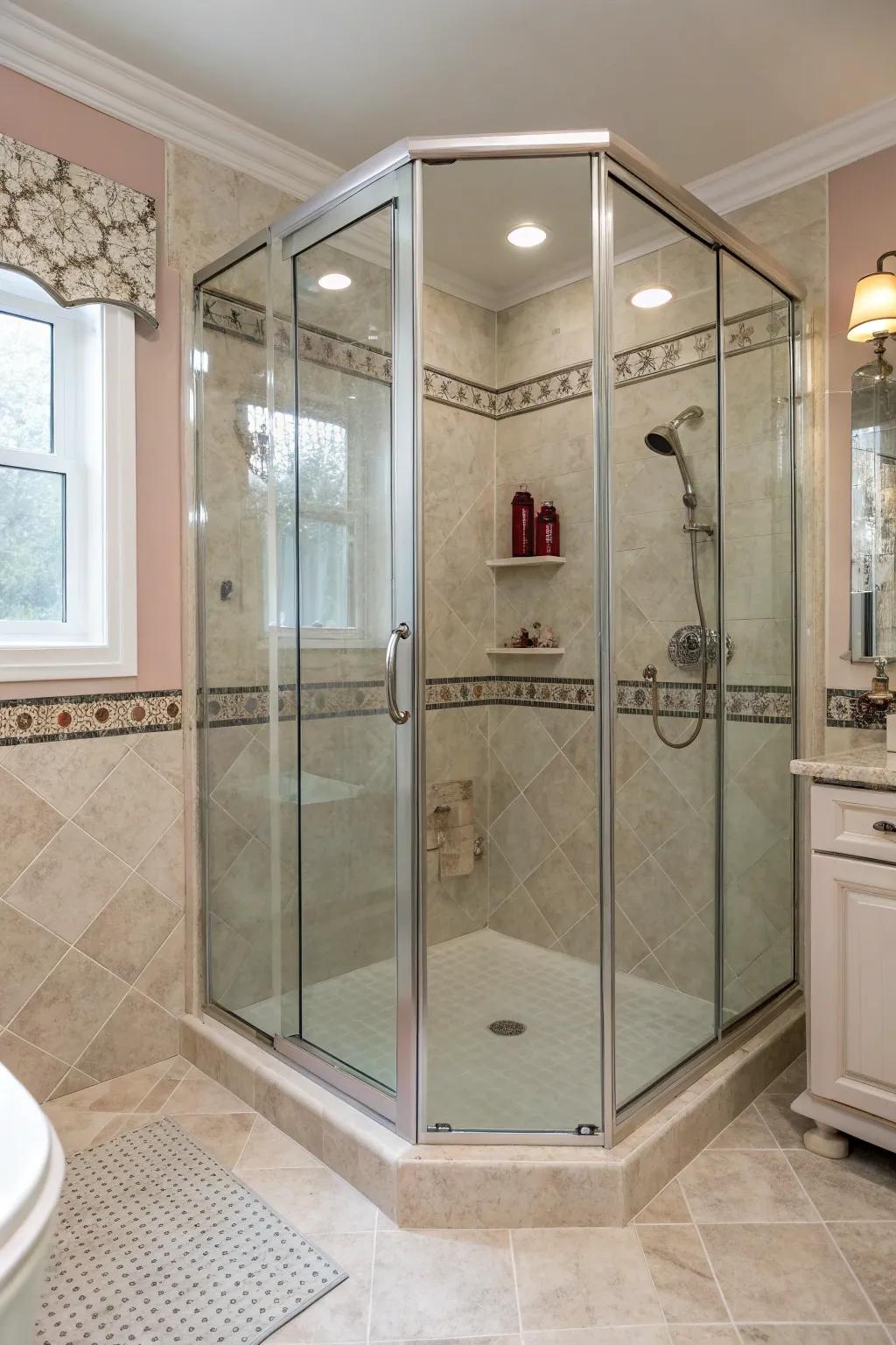 Neo-angle designs fit neatly into corner areas, making the most of bathroom layouts.