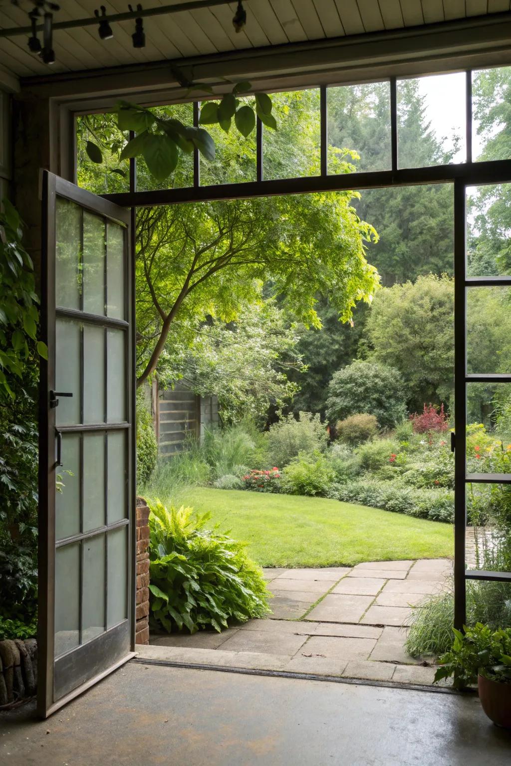 A house that beautifully incorporates greenery using a glass garage door.