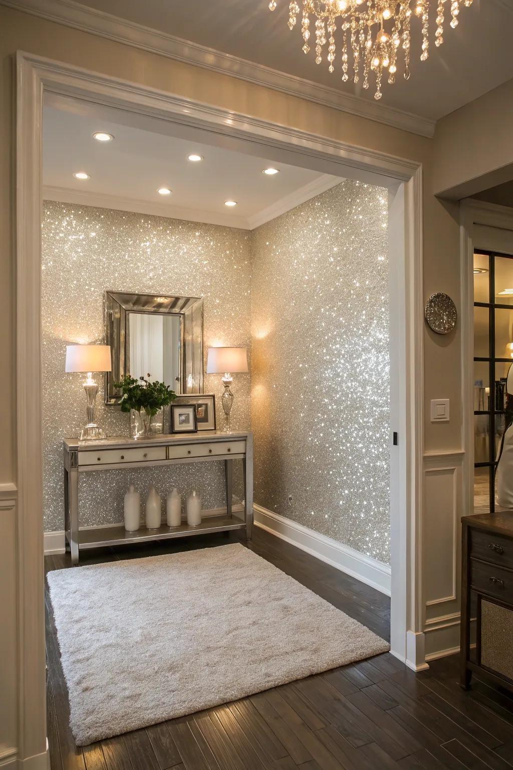 A shimmer accent wall fashions a welcoming entryway.