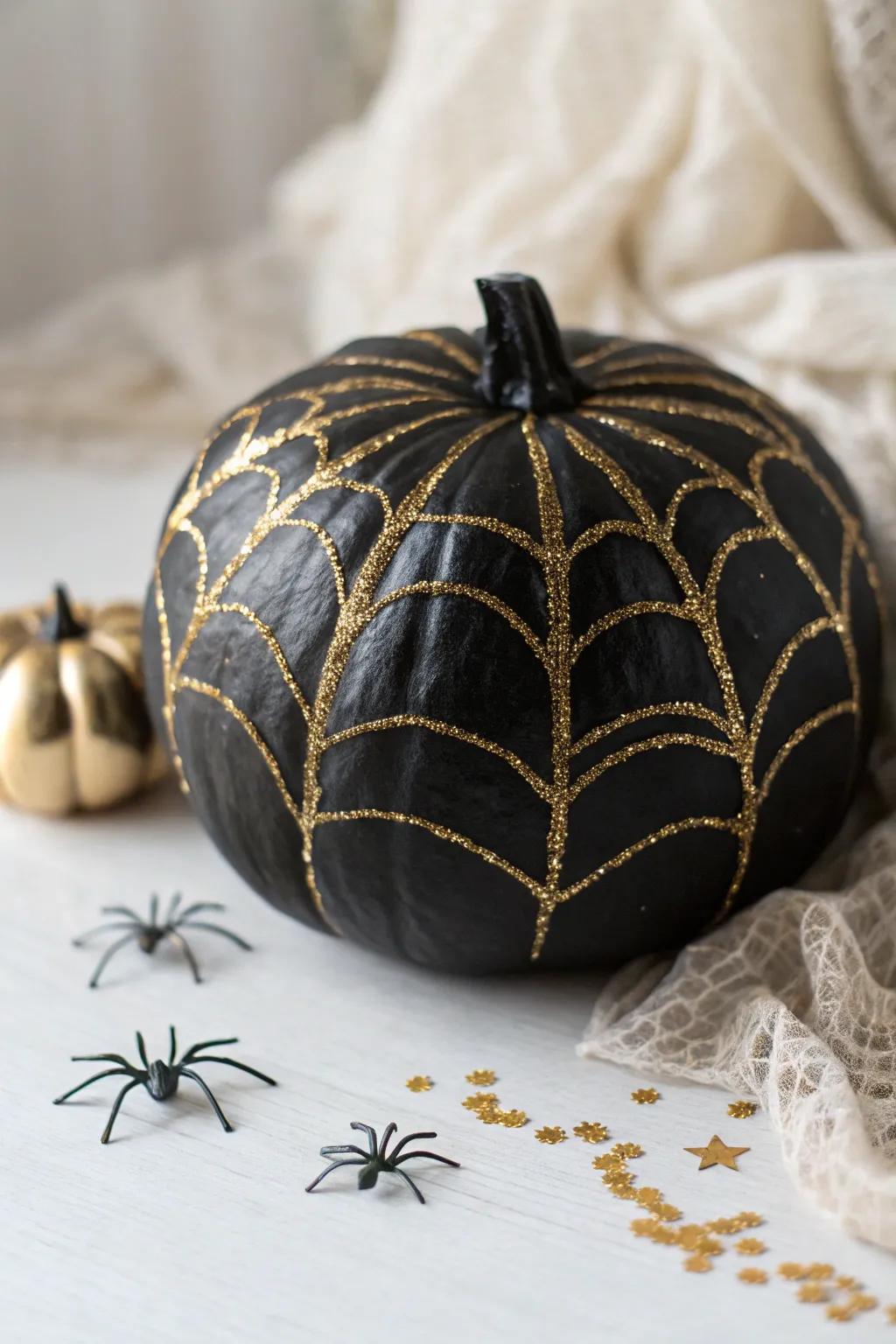 Elegant and eerie: A glittering gold spider web transforms this pumpkin into a Halloween masterpiece.