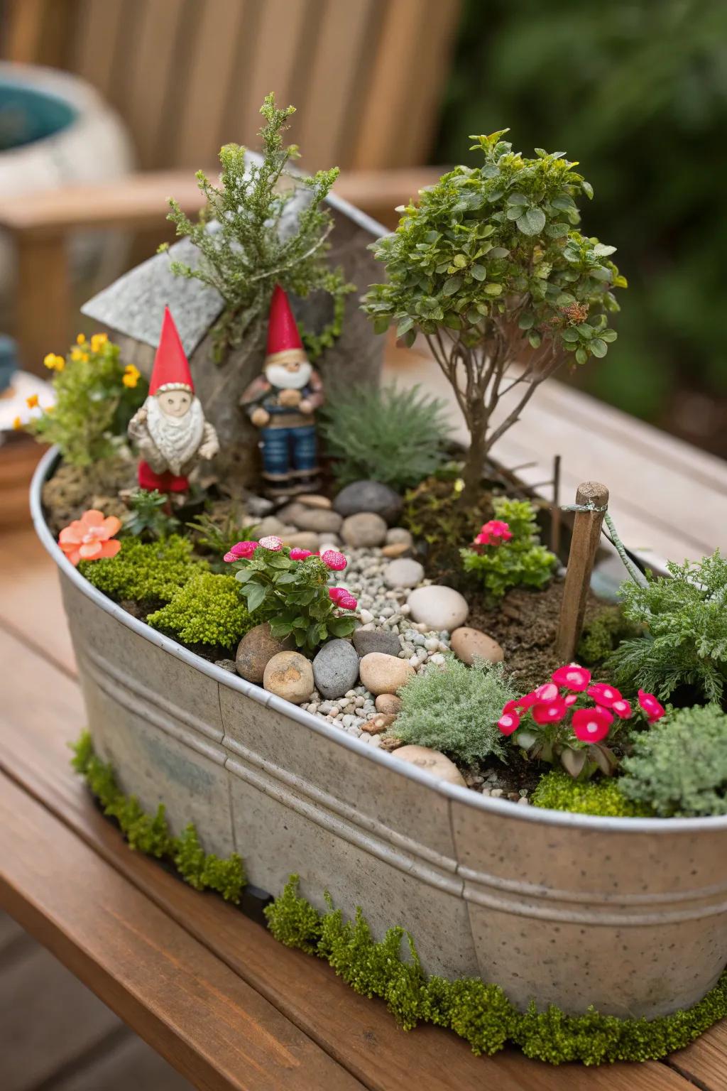 A transportable gnome garden thoughtfully arranged in a transformed wheelbarrow.