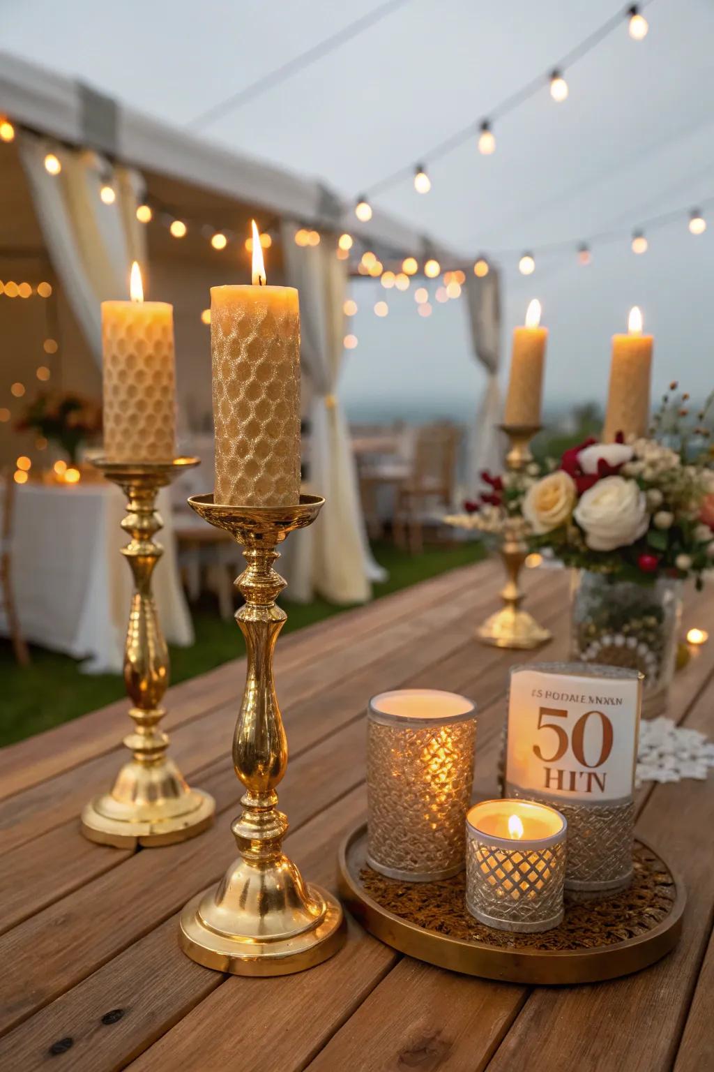Gilded candle stands conjure a cozy, inviting atmosphere.