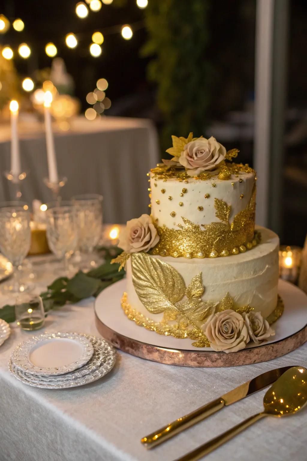 A golden cake is a magnificent centerpiece for the birthday celebration.