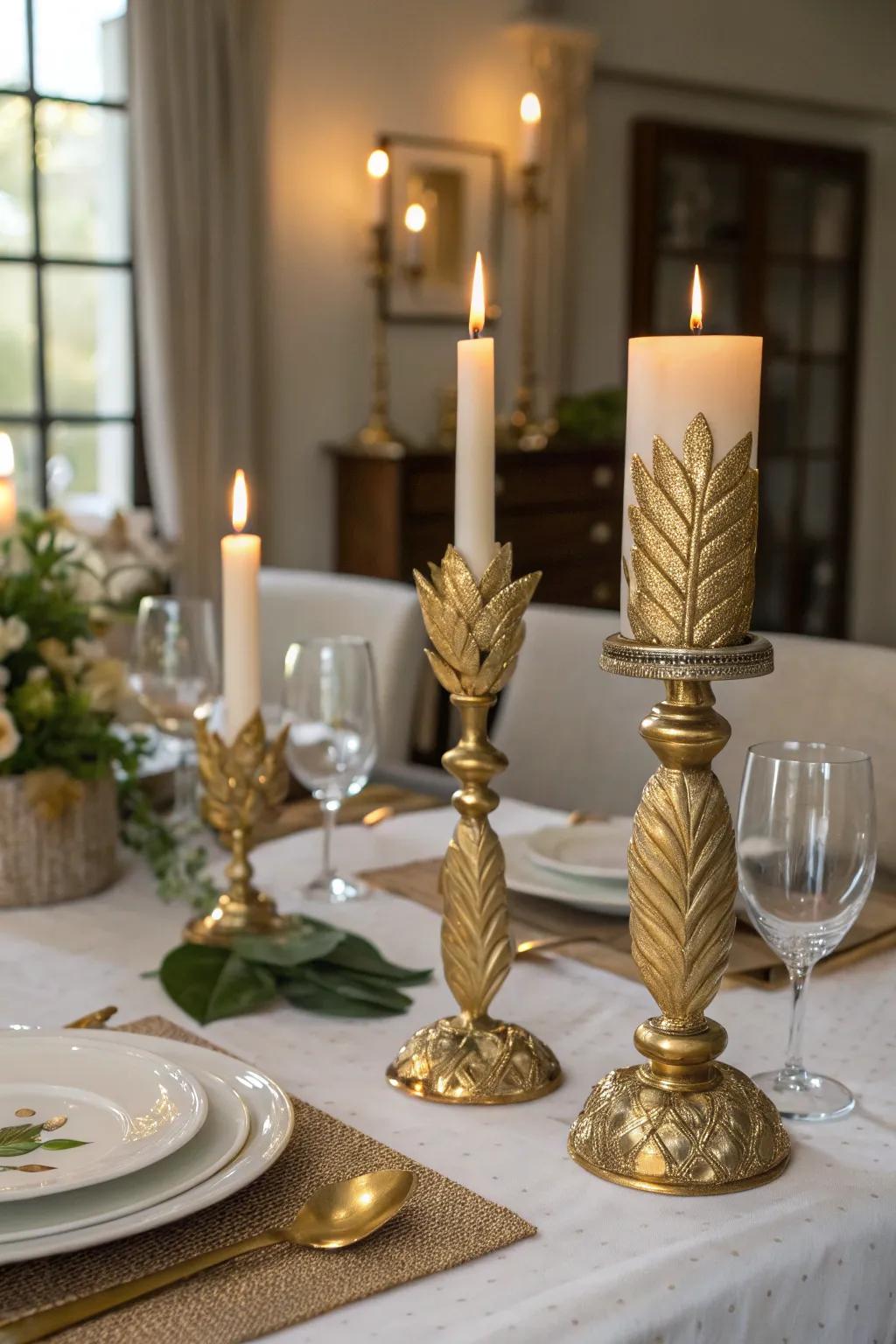 Cultivate a snug ambiance with candle holders enhanced by gold leaf.