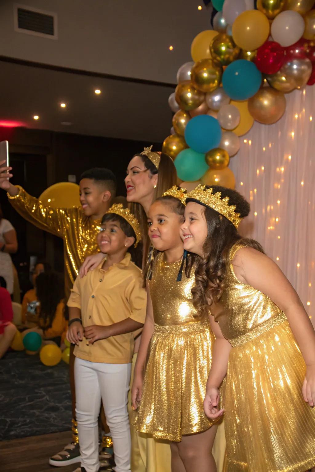 Guests wearing gilded attire to complement the festive theme.