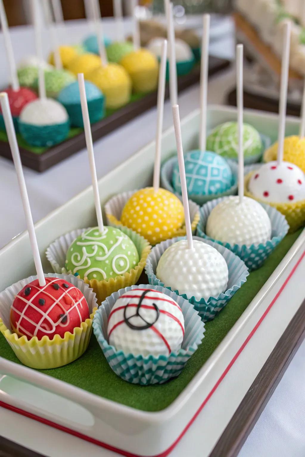 Golf sphere cake treats offer a fun and tasty touch to your dessert table.