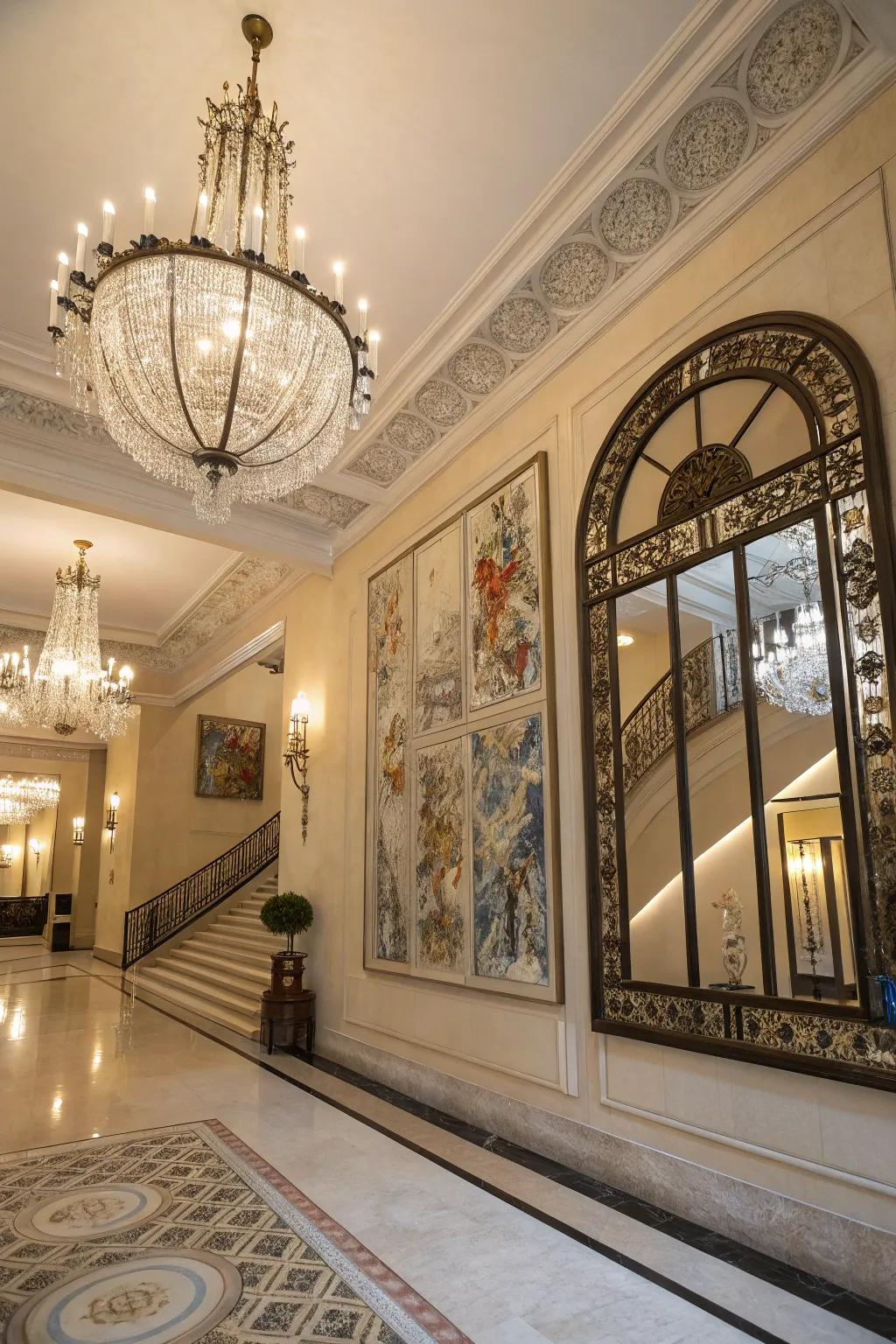 Facade art and ornamental looking glasses augment the aesthetic allure of a majestic entryway.