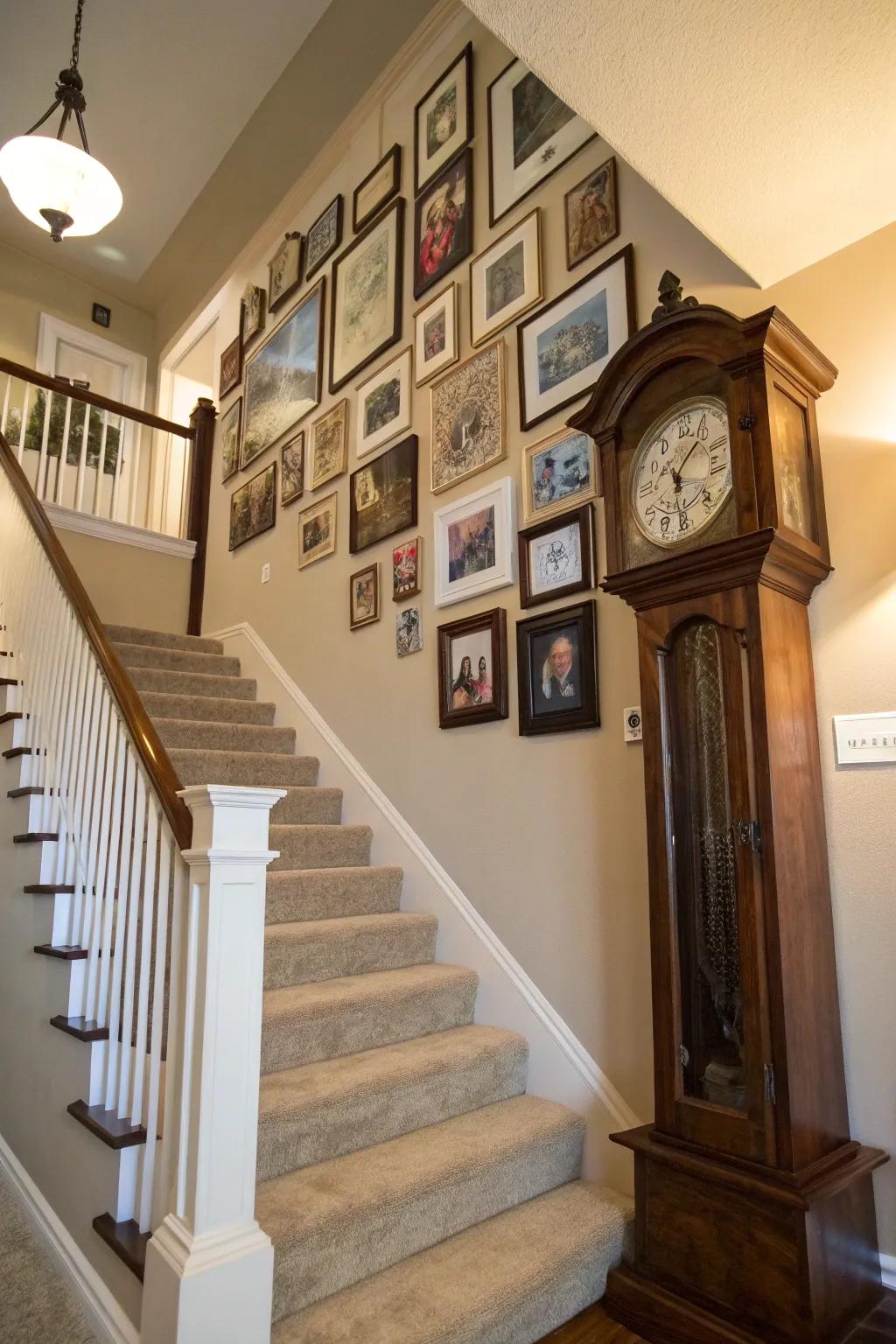 A longcase clock makes a focal point at the base of a stairway.