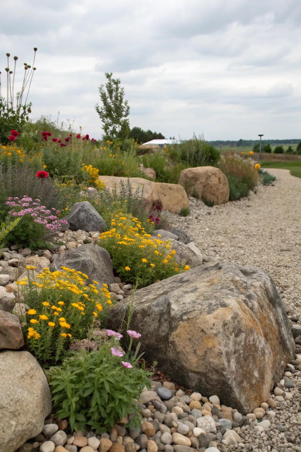 A countryside pebble garden bed showcasing sizable stones