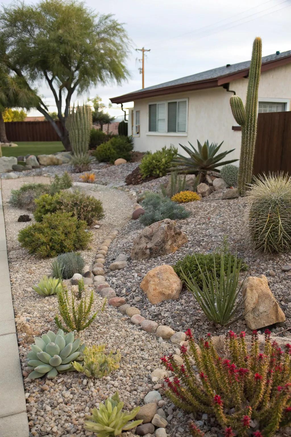 A water-wise xeriscaped yard with gravel and drought-tolerant plants.