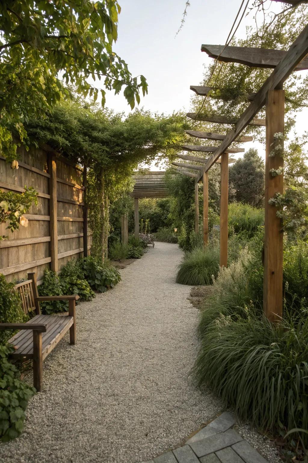 A gravel patio using natural privacy screens made from tall plants and frames.