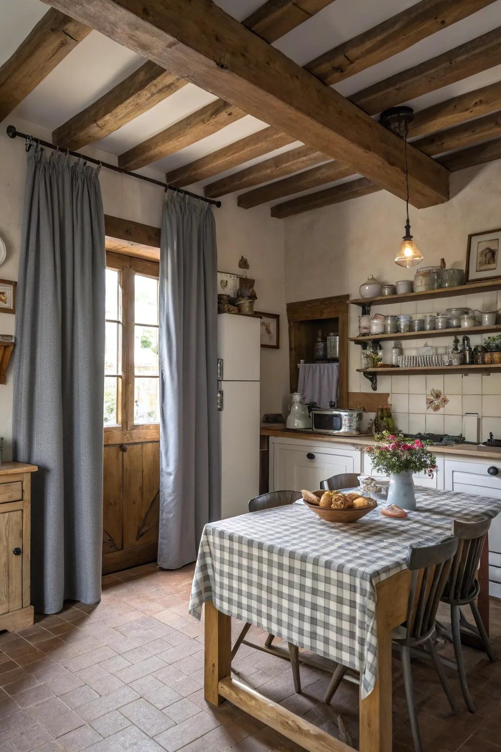 Pastoral charm with gray drapes and timber elements.