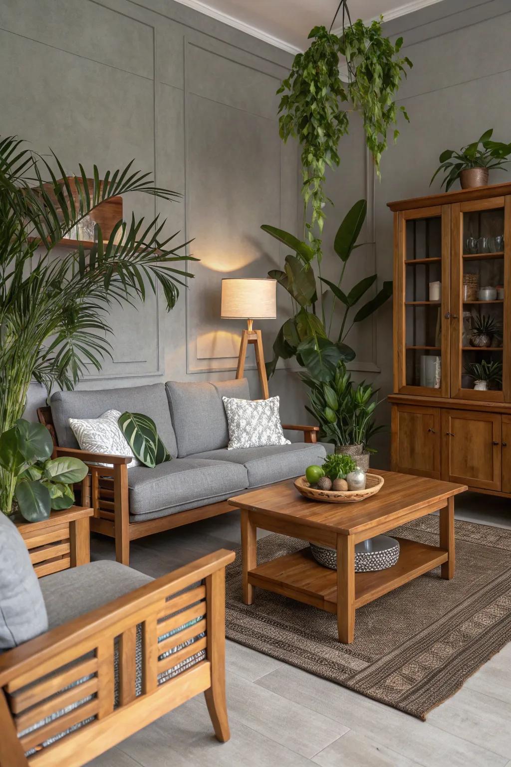 Natural elements bring warmth into gray spaces.