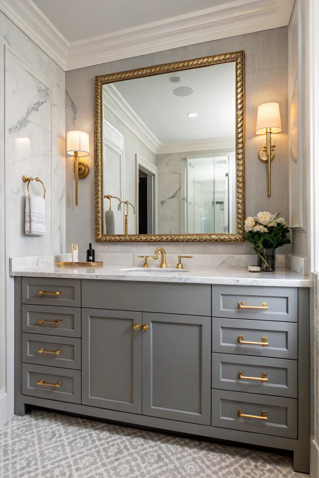 A glamorous lavatory with a gray stand and metallic accents.