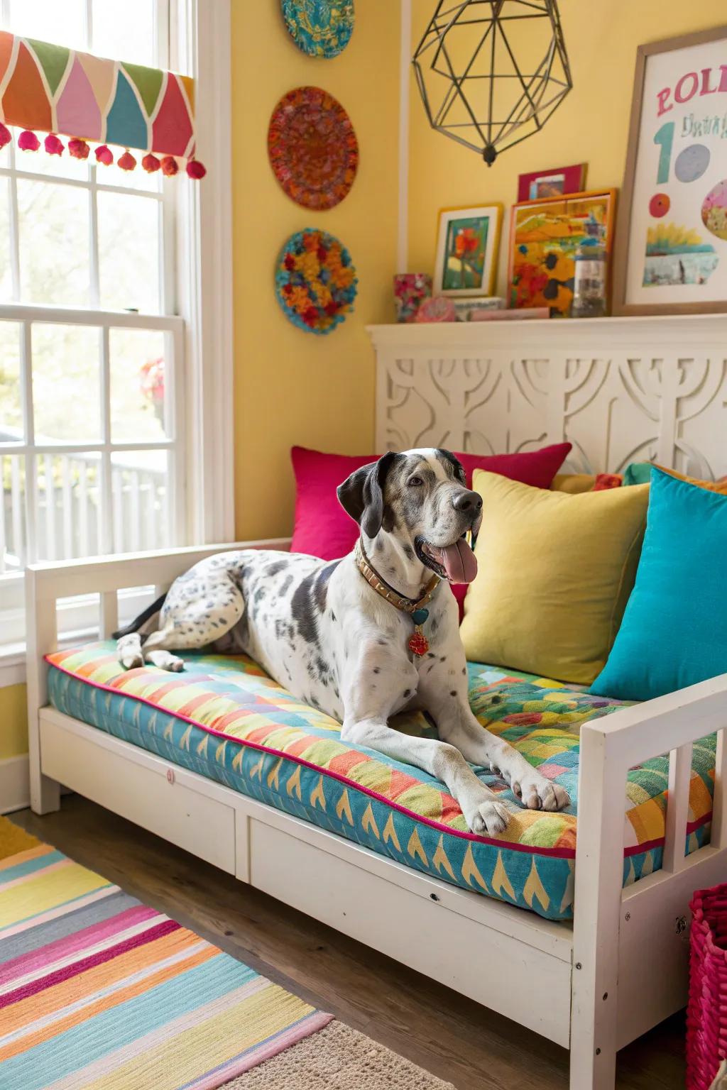 Day beds add a splash of color and provide a cozy spot for your Great Dane.